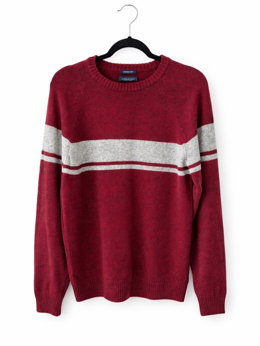 American Eagle Sweater Men’s Large Red Gray Stripe Crewneck Soft Cozy